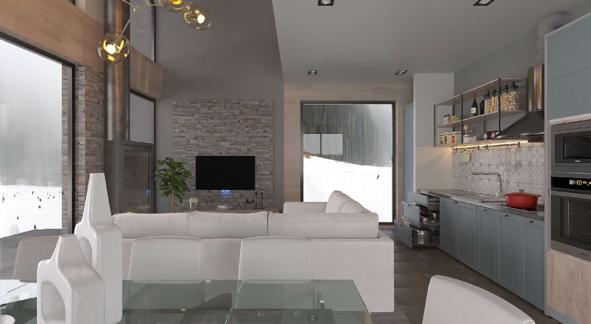 Пример чистовой внутренней отделки дома, Дизайн Фулл хаус. Гостиная + кухня 1 вид.