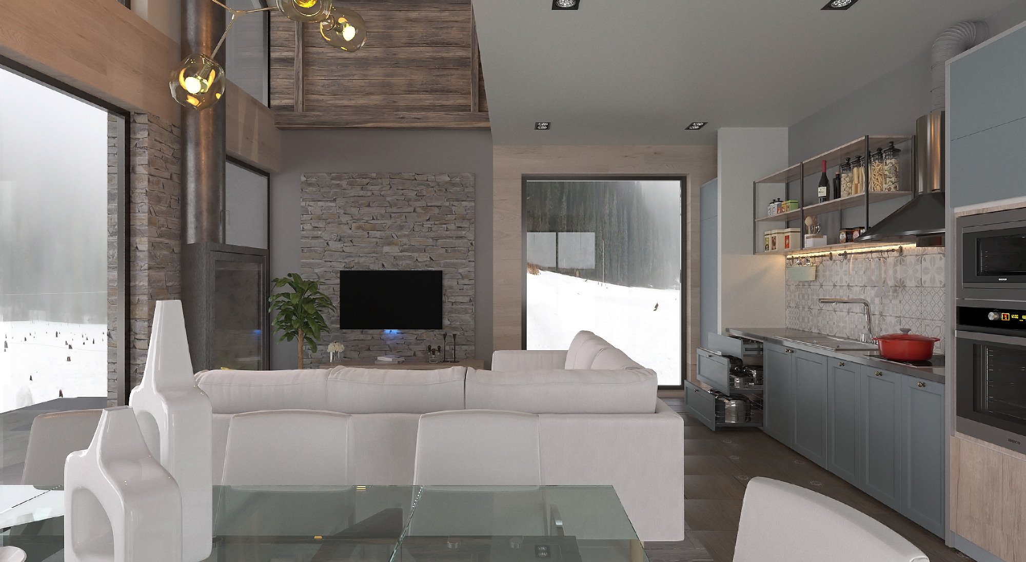 Пример чистовой внутренней отделки дома, Дизайн Фулл хаус. Гостиная + кухня 2 вид.