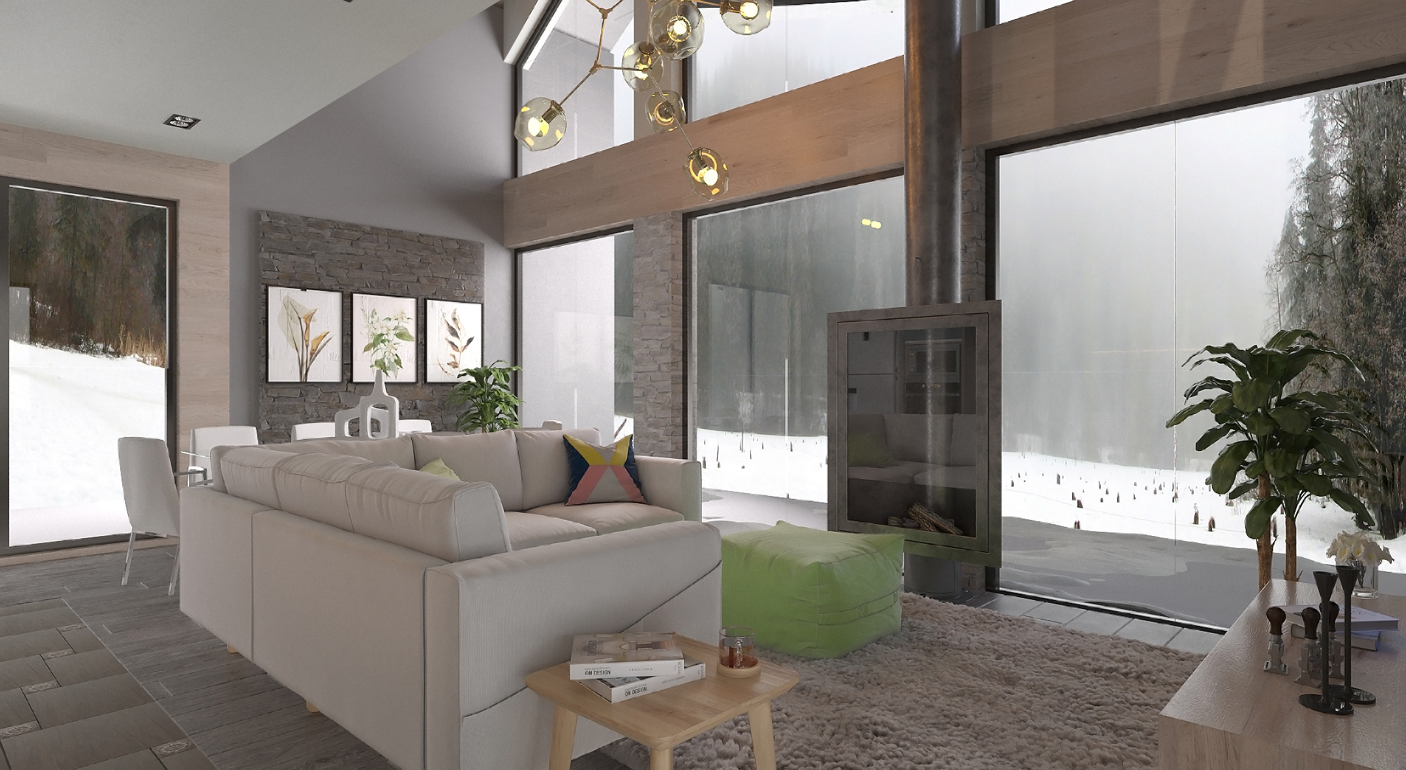 Пример чистовой внутренней отделки дома, Дизайн Фулл хаус. Гостиная + кухня 3 вид.