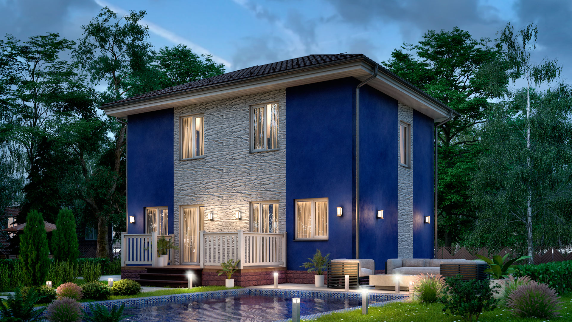 Вечернее фото двухэтажного дома БЭНПАН. Проект БП-105 с синей отделкой.