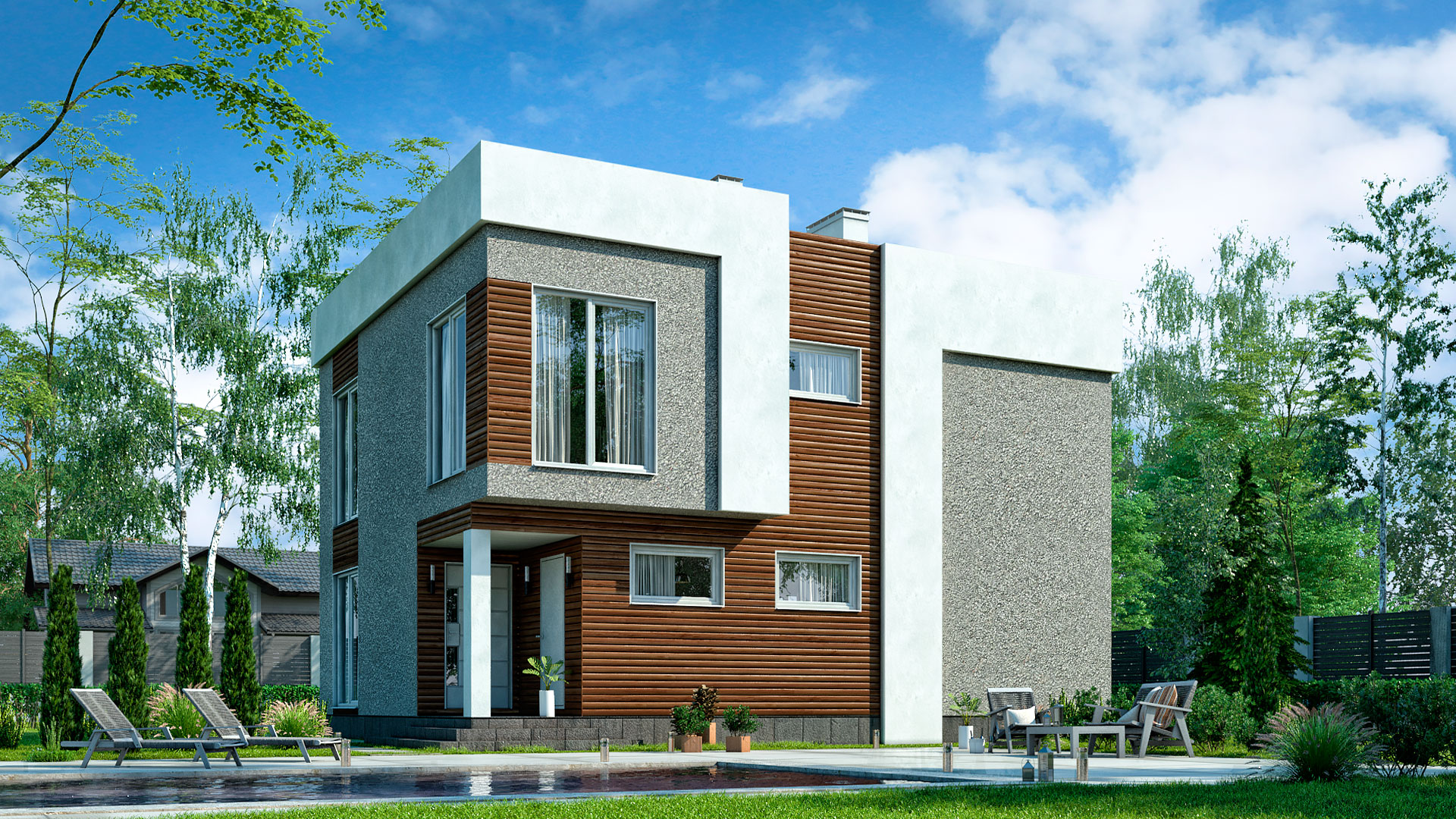 Передний фасад двухэтажного дома 10 на 8 с эксплуатируемой крышей, проект БЭНПАН БП-133.
