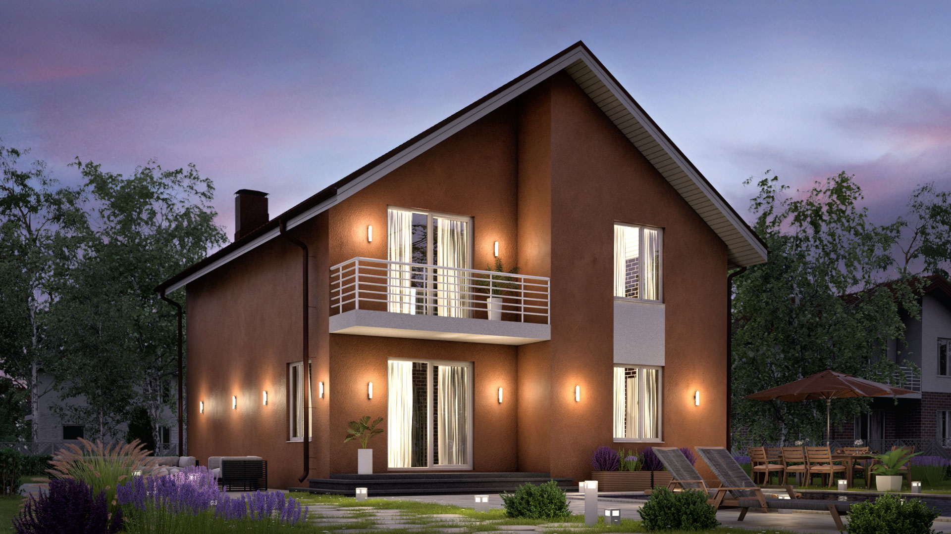 Вечернее фото двухэтажного дома БЭНПАН, проект БП-161, коричневая отделка.
