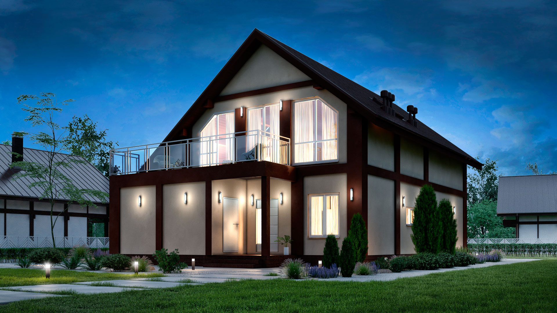 Вечернее фото двухэтажного дома со вторым светом 202,8 м2. Проект БЭНПАН-238.