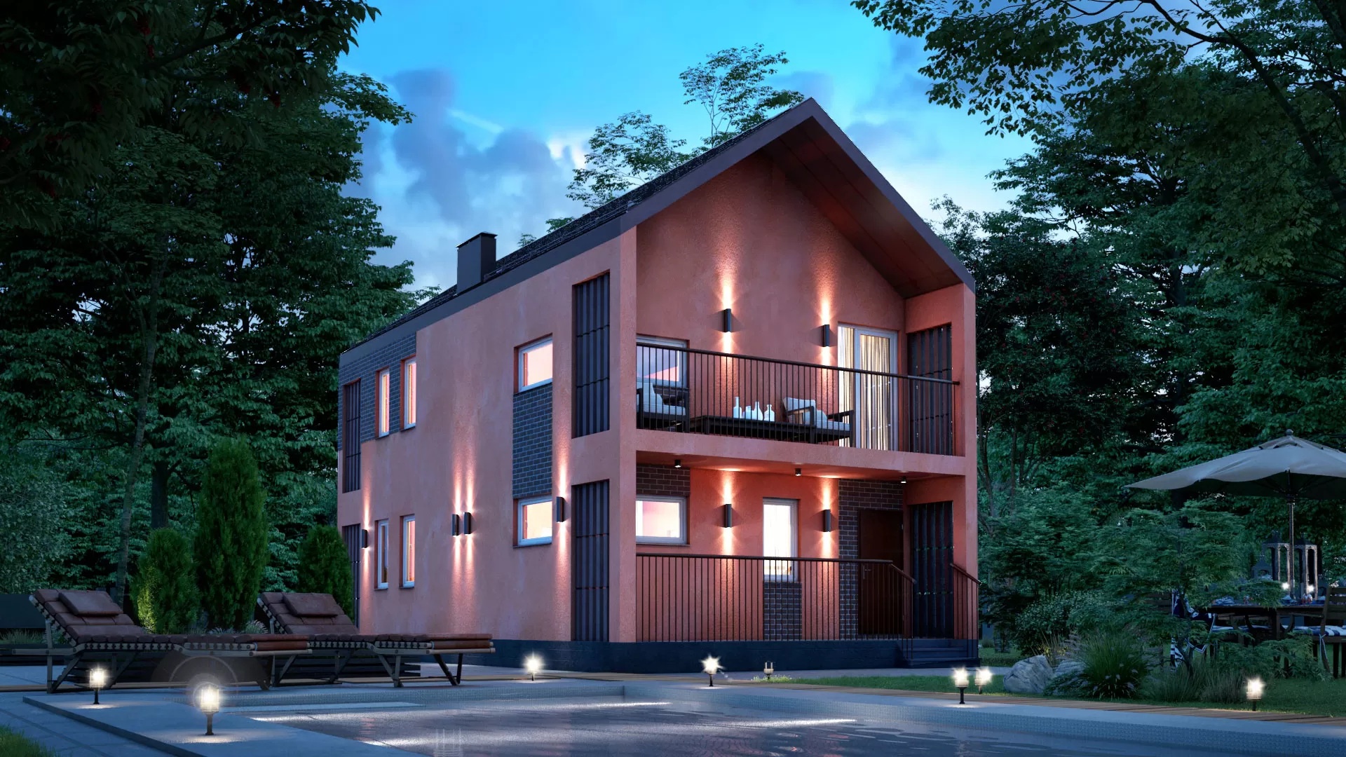 Вечернее фото двухэтажного дома БЭНПАН, проект МС-144.