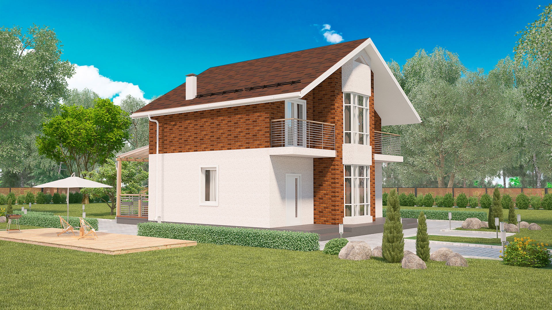 Передний и боковой фасады двухэтажного дома, проект БЭНПАН МС-164/1/К.