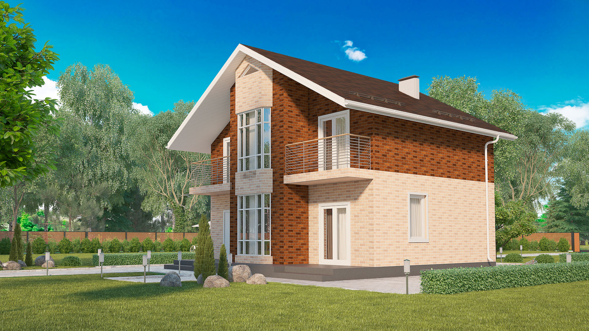 Передний и боковой фасады двухэтажного дома, проект БЭНПАН МС-164/К.