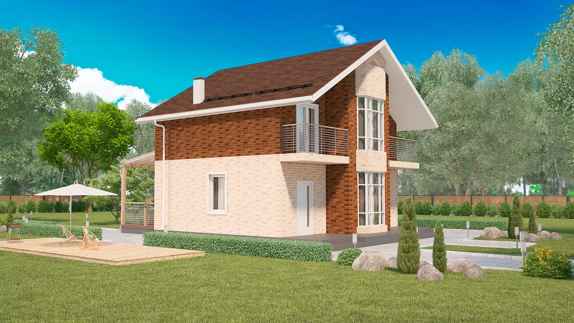 Передний и боковой фасады двухэтажного дома, проект БЭНПАН МС-164/К.