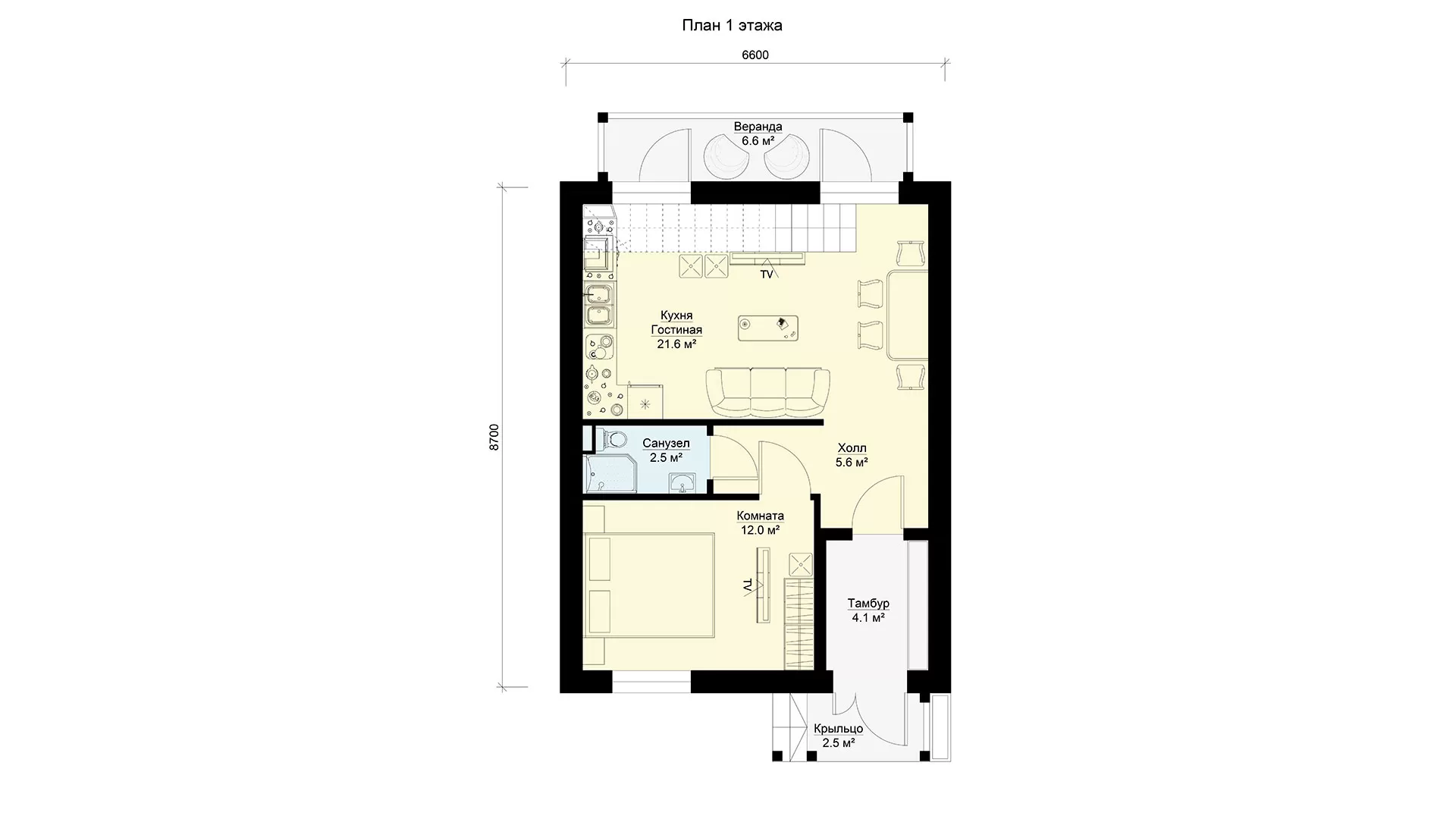 План первого этажа двухэтажного дома 7 на 9 БЭНПАН, проект БП-102
