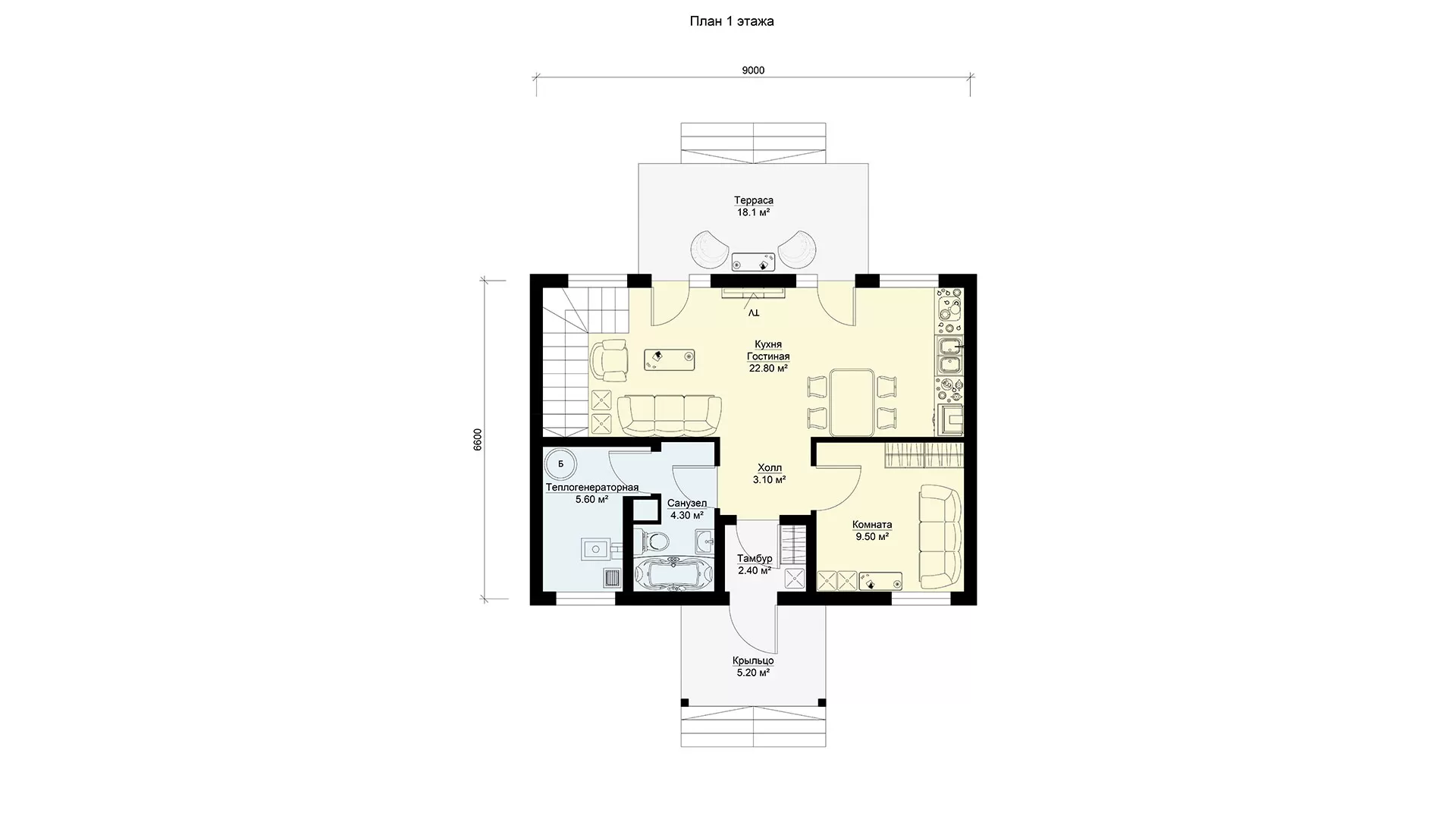 План первого этажа двухэтажный дом 6 на 9 с террасой, БП-105