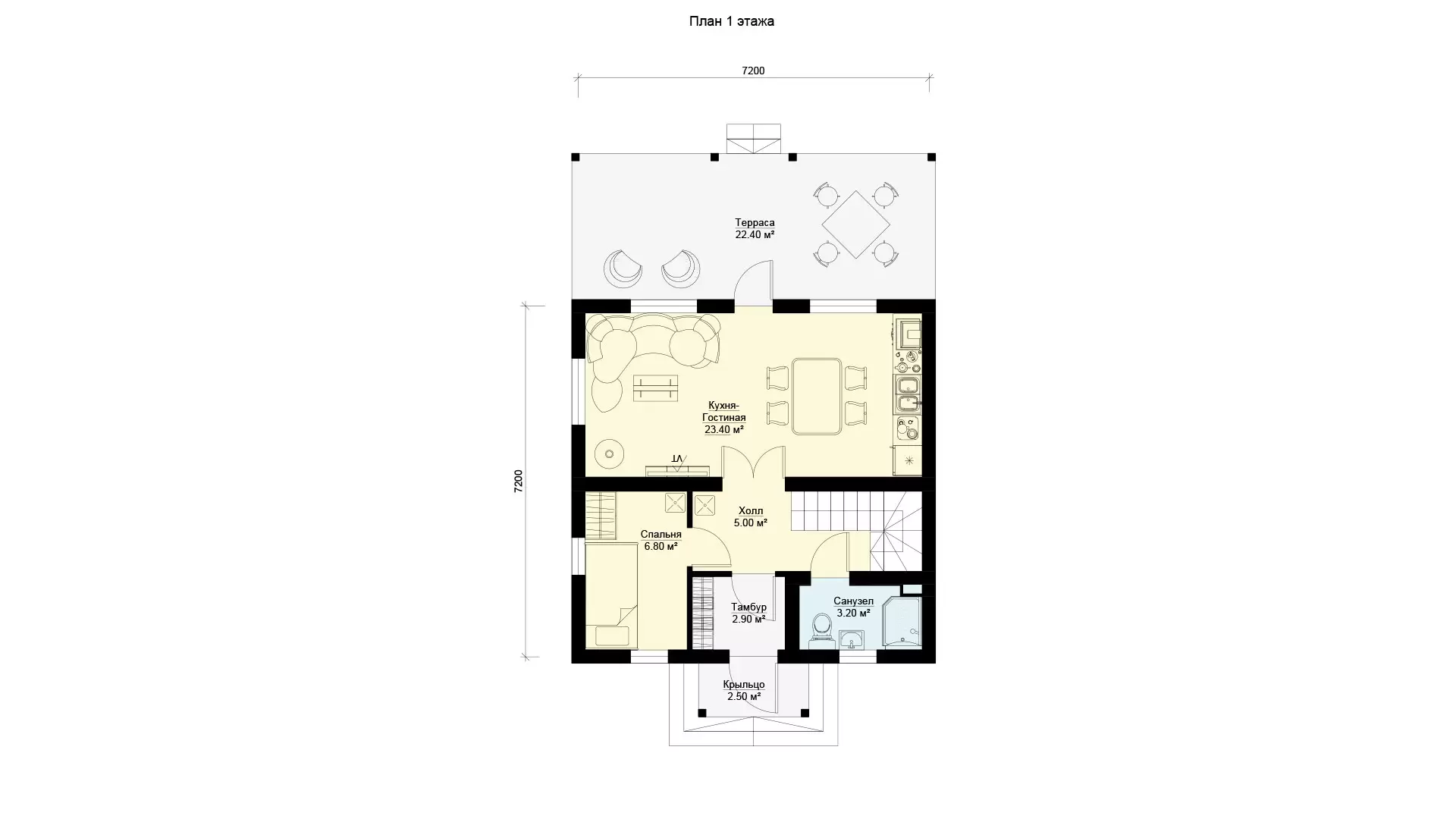 Планировка 1 этажа - двухэтажный дом 7 на 7 c террасой БП-111