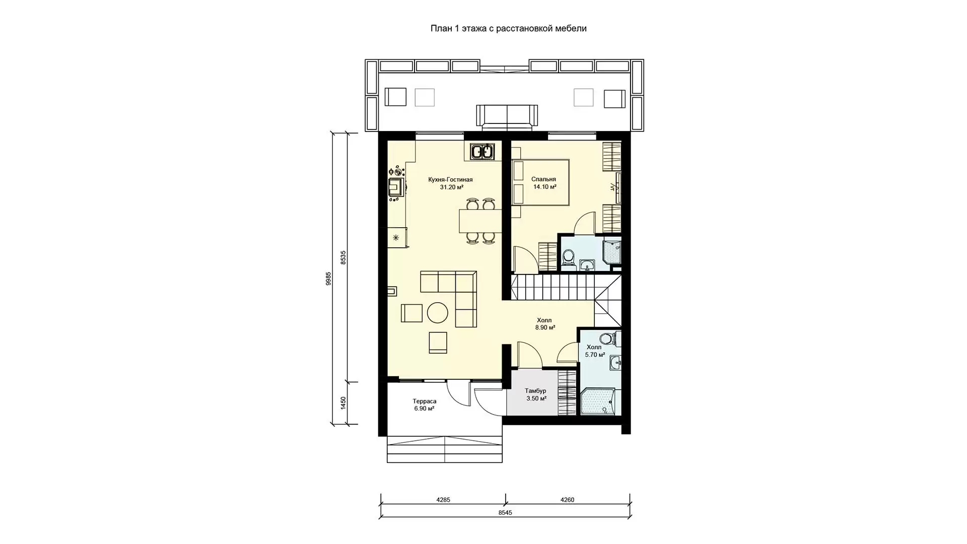 План первого этажа двухэтажного барнхауса 9 на 10 с террасой бп-137 