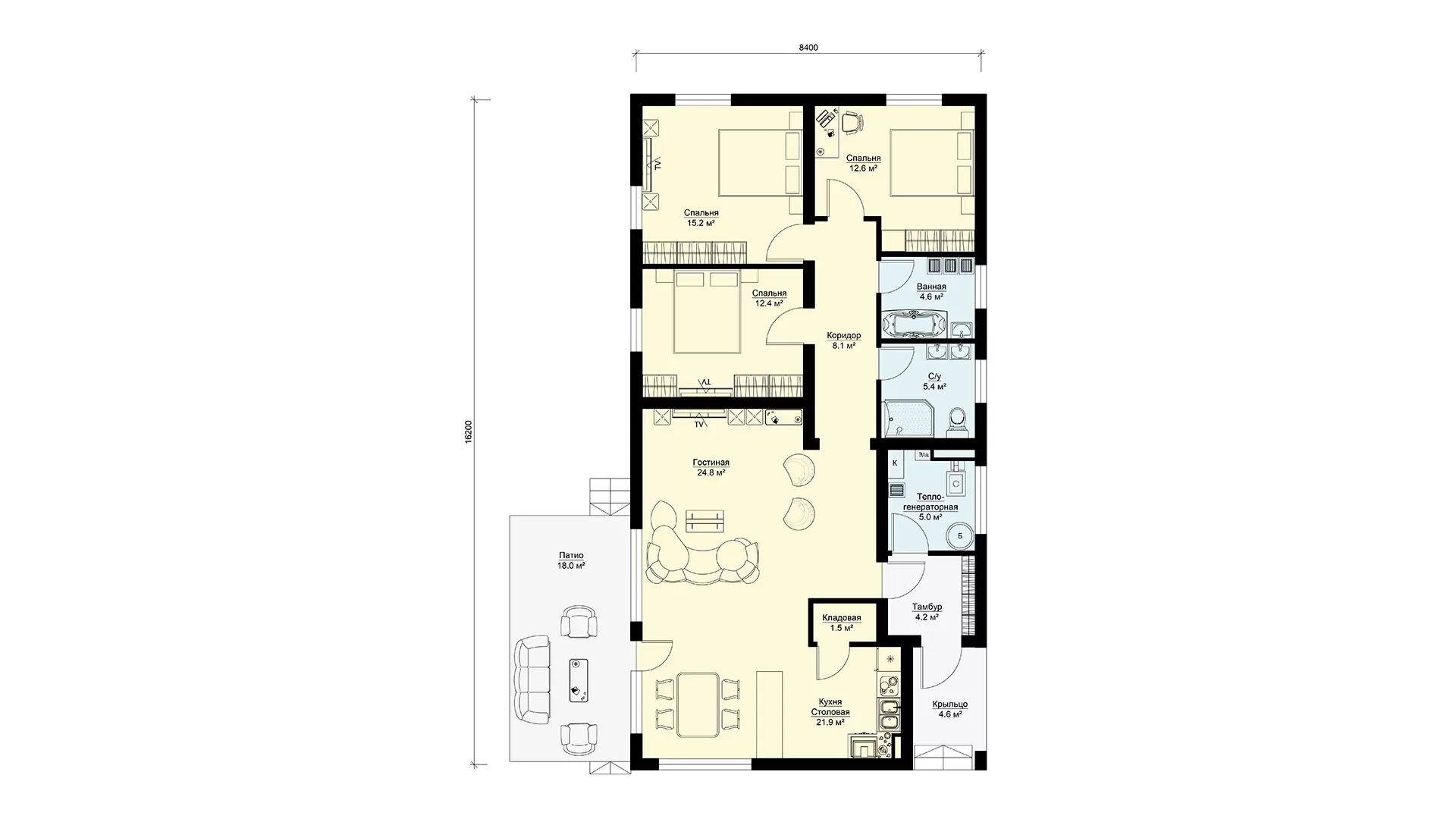 Планировка одноэтажного барнхауса с 3 спальнями БП-138