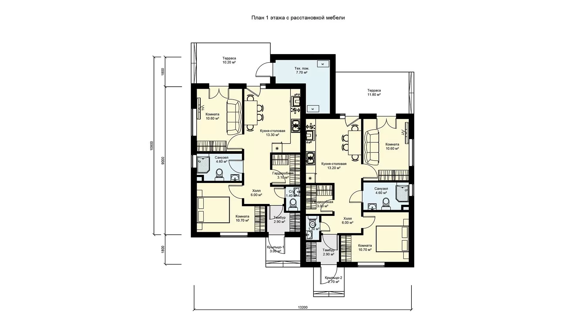 Планировка одноэтажного дома на 2 семьи, проект Бп-54