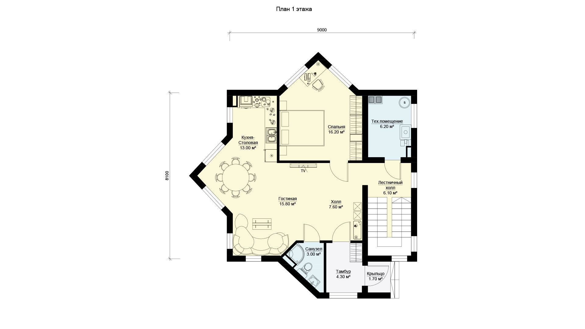 План первого этажа двухэтажного дома с эркером, проект БЭНПАН БП-153.