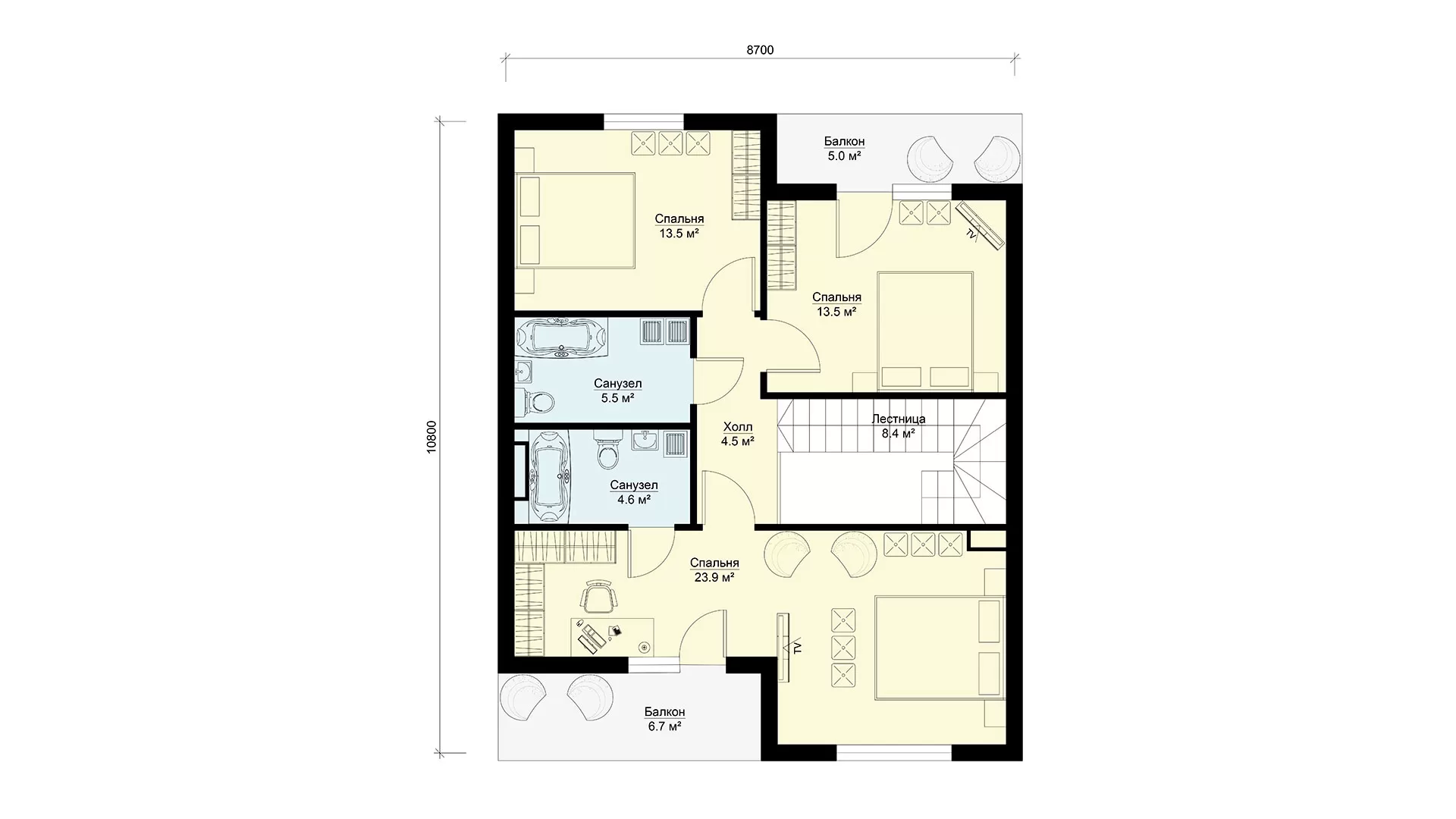 План второго этажа двухэтажный дом 9 на 11 с 5 спальнями, проект БП-161