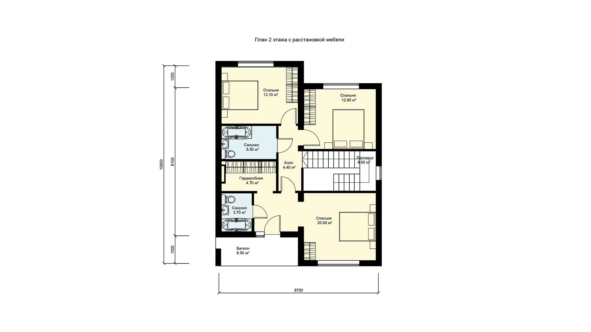 План второго этажа дом 9 на 11 из ЖБИ, 4 спальни, проект БП-182