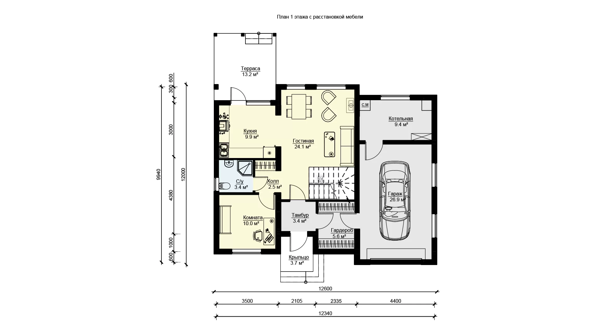 Дом с гаражом и террасой проект БП-216 из ЖБИ панелей  - планировка 1 этажа