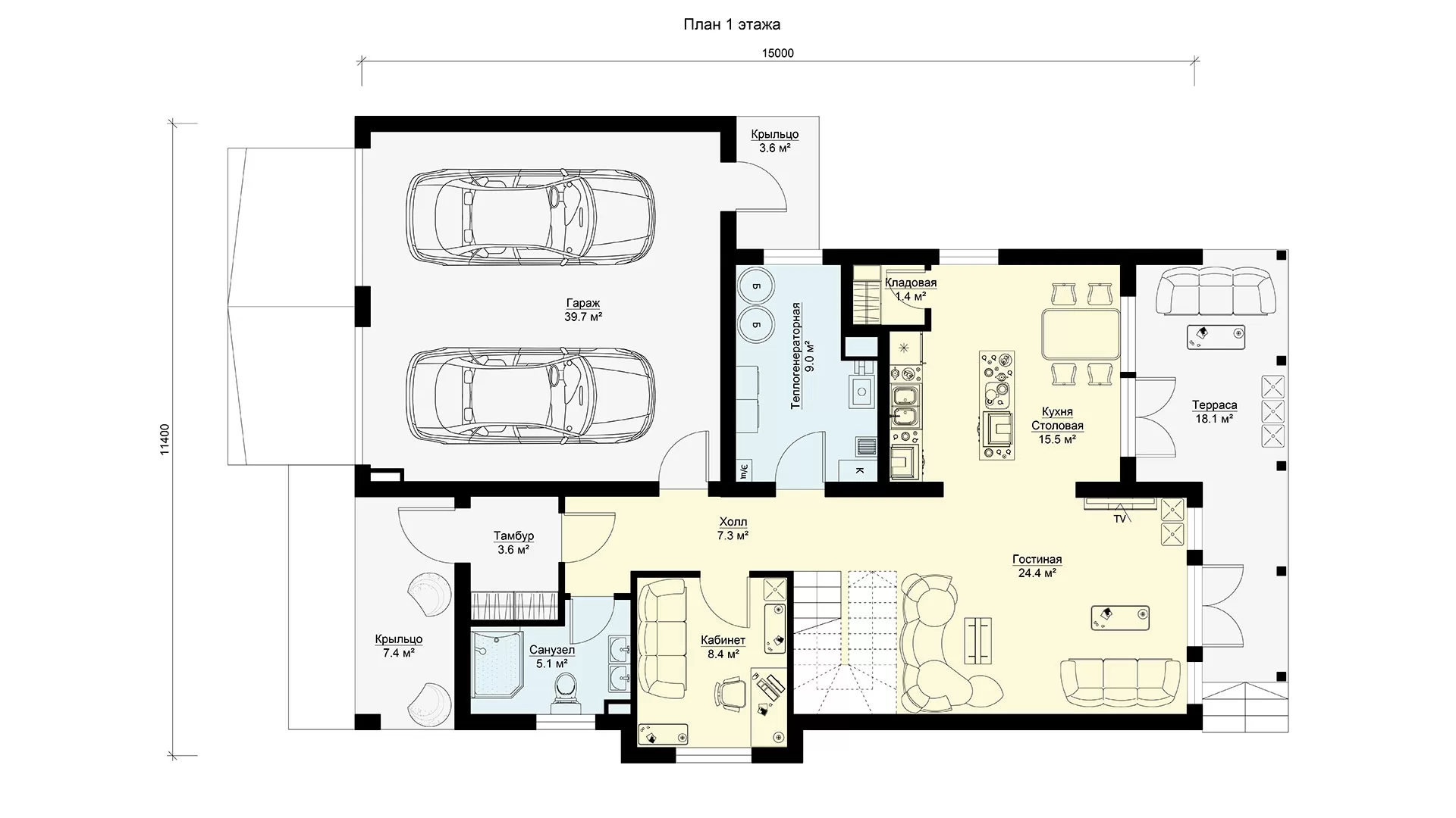 План первого этажа двухэтажного загородного дома с гаражом на две машины, проект БЭНПАН БП-272.