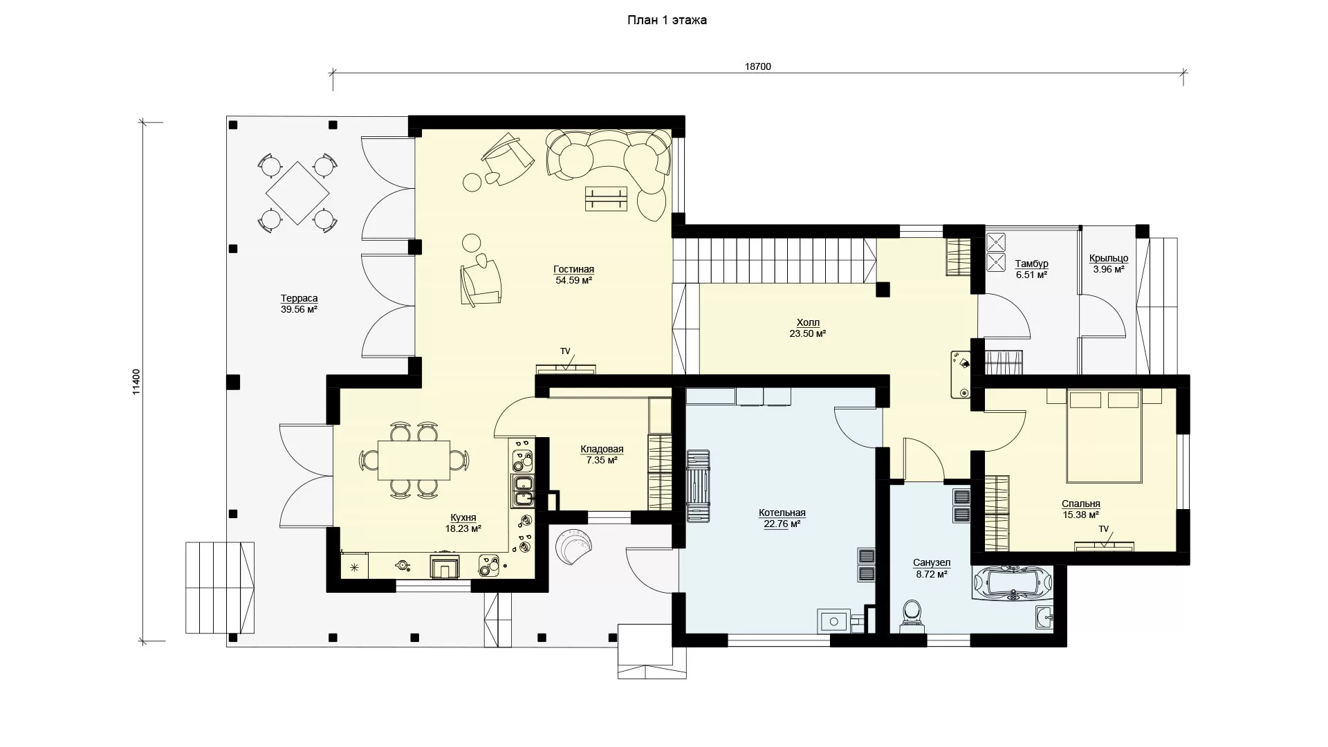 План первого этажа загородного дома 18 на 11 двухэтажного, проект БЭНПАН БП-294
