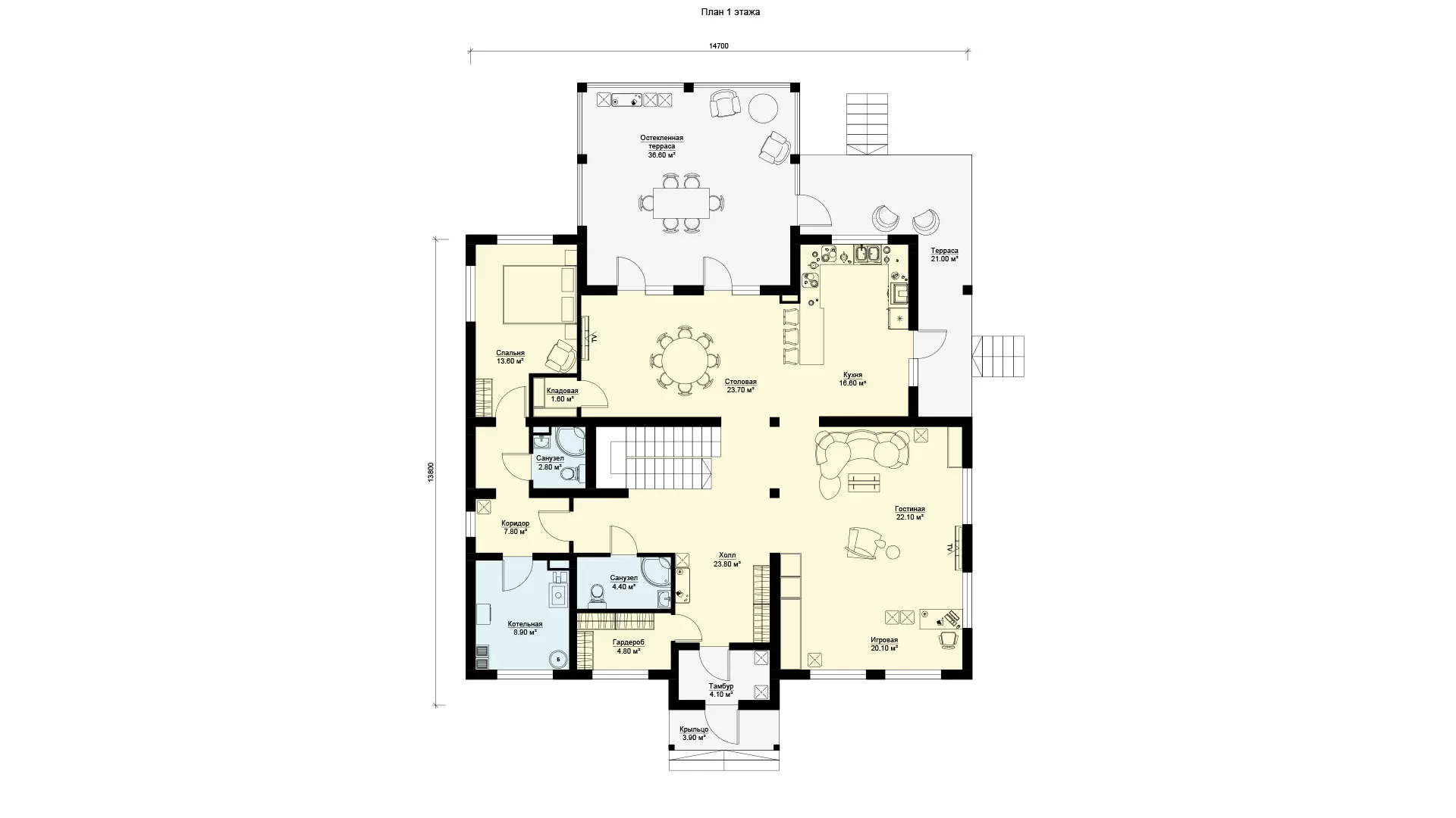 План первого этажа дом 14 на 15 с застекленной террасой БЭНПАН БП-338
