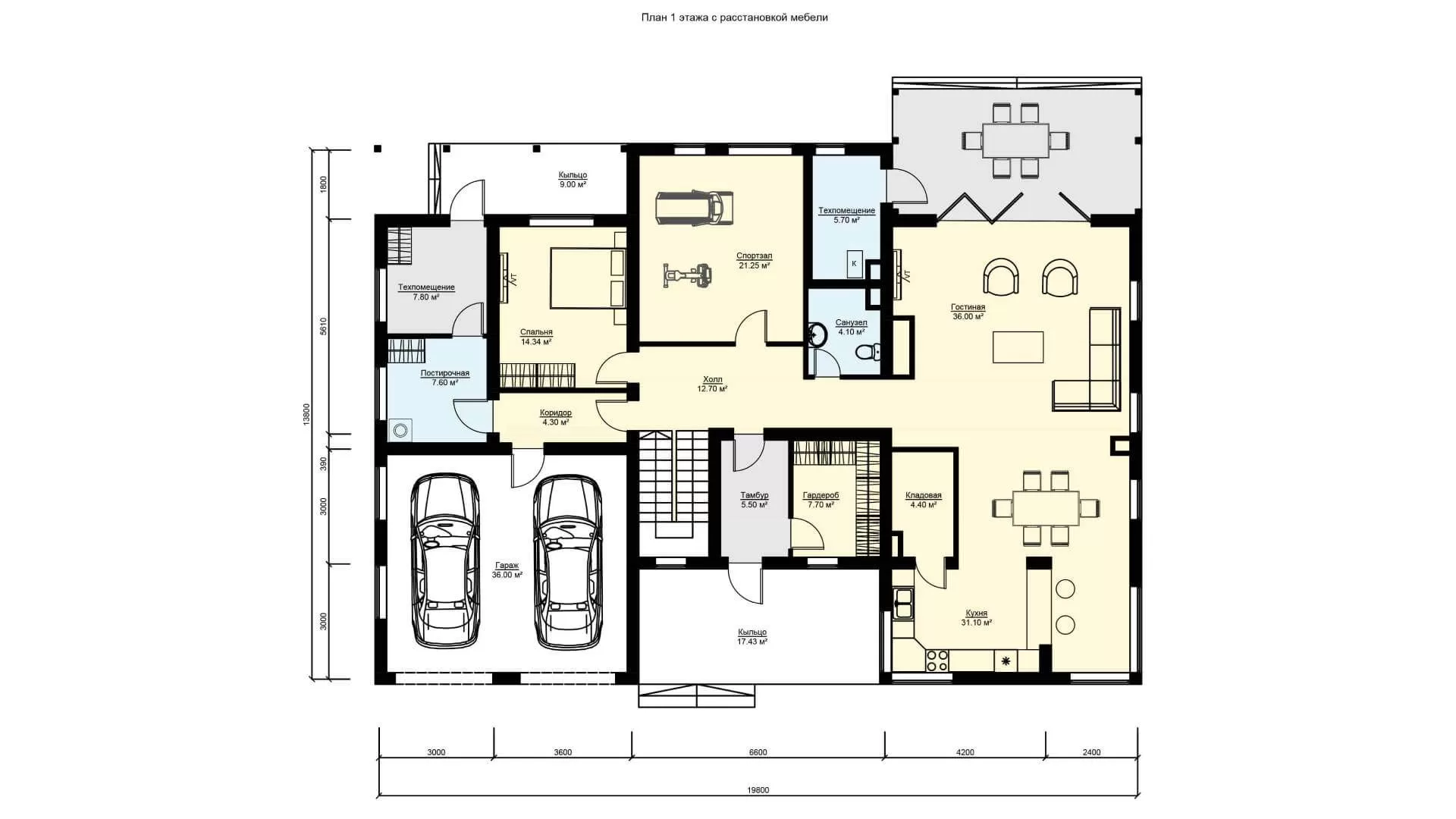 План 1 этажа двухэтажный дом с плоской крышей и гаражом на две машины бп-463