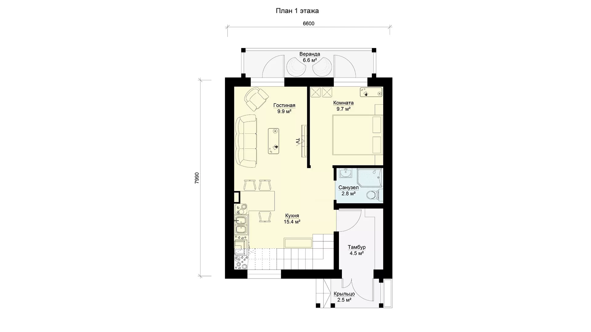 План первого этажа небольшой двухэтажный дачный дом, проект БП-95/1