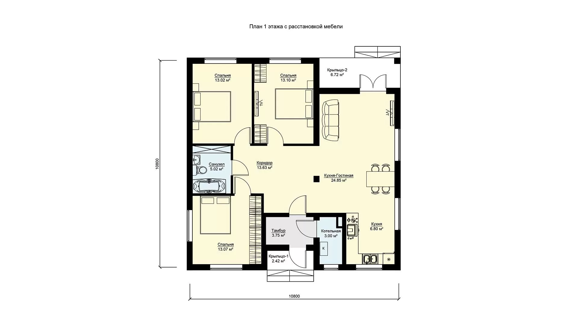 Планировка одноэтажный дом 11 на 11 с 3 спальнями, проект БП-98/4