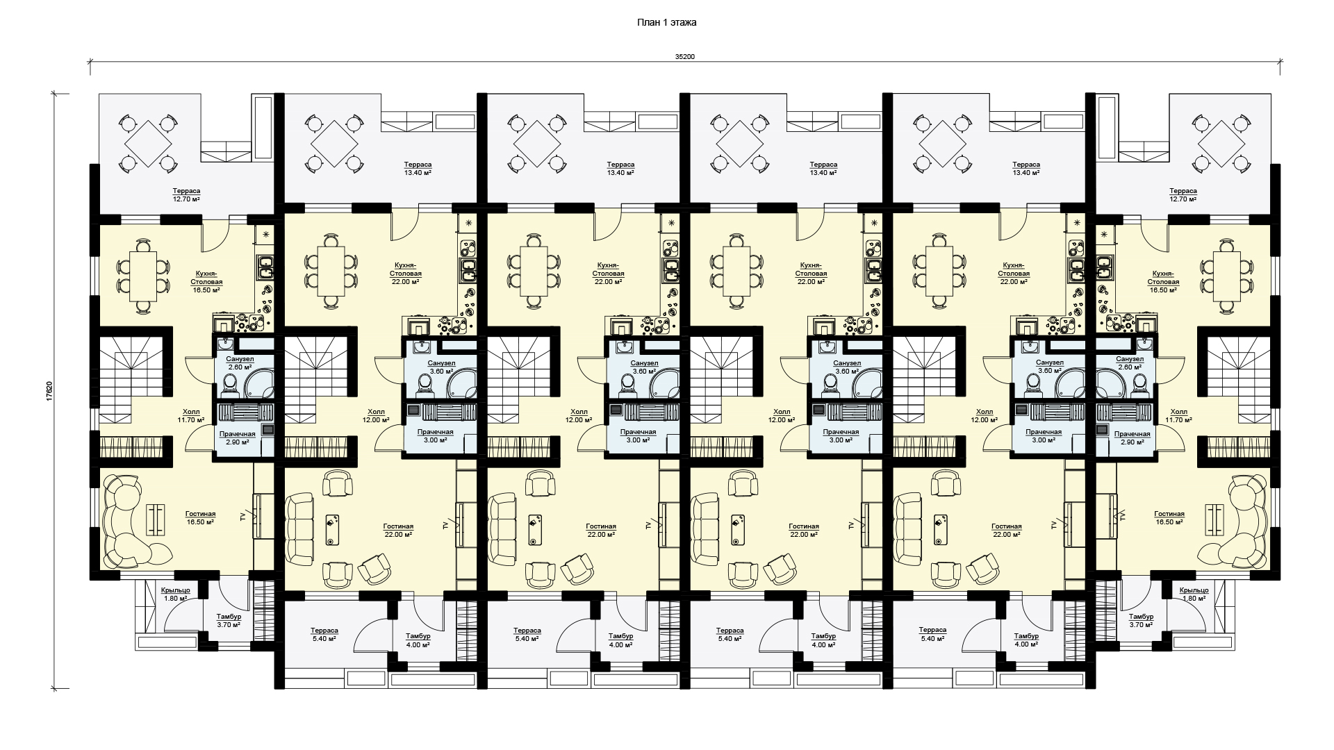 План первого этажа таунхауса из шести секций, проект БЭНПАН МС-1110.