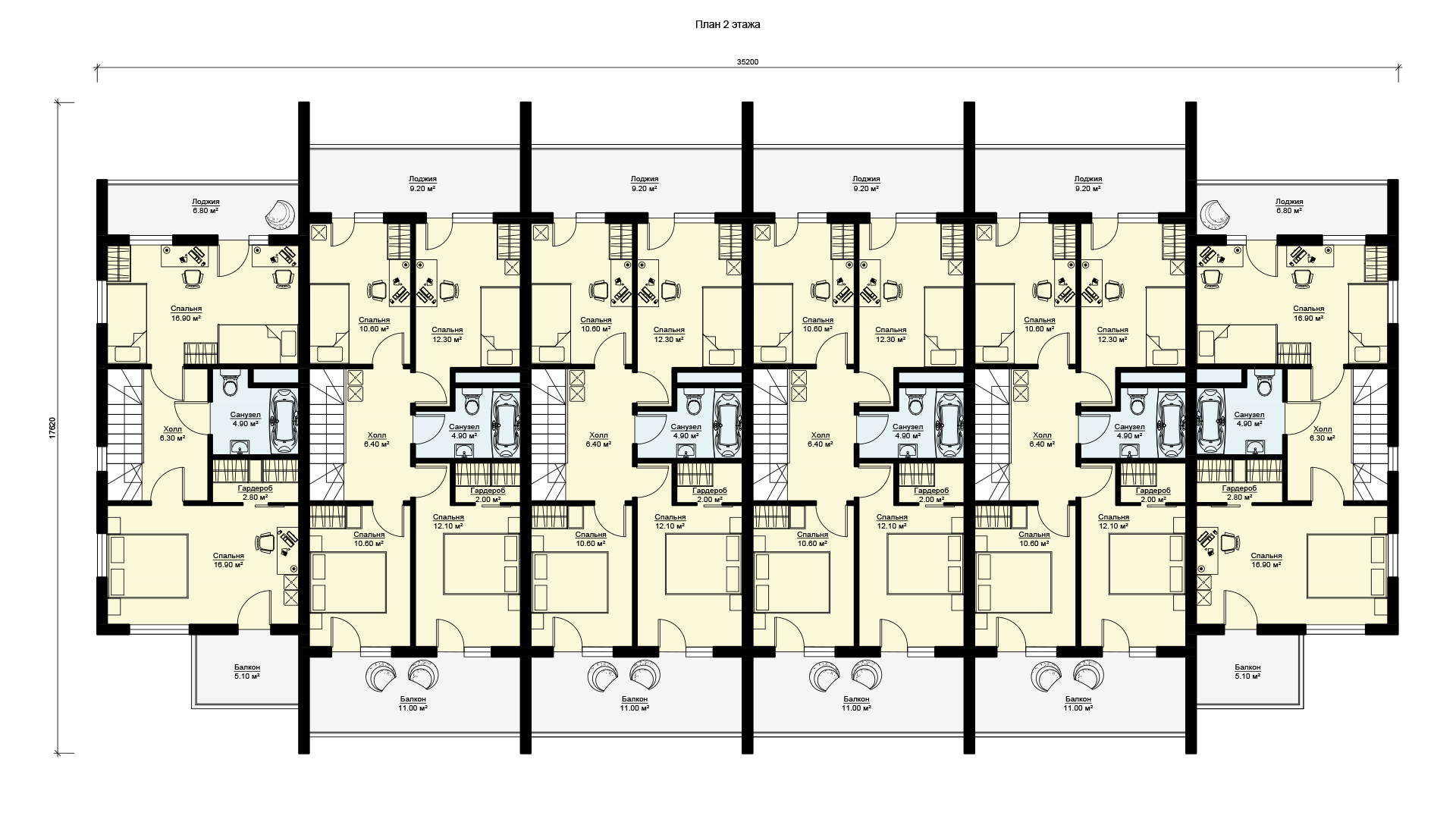План второго этажа таунхауса из шести секций, проект БЭНПАН МС-1110.