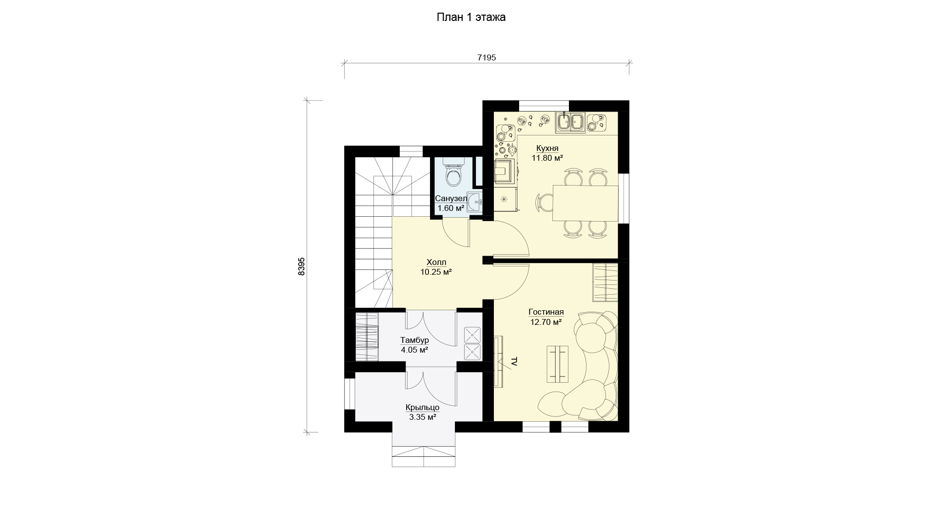 План первого этажа двухэтажного дома 80 кв.м., проект БЭНПАН МС-113.