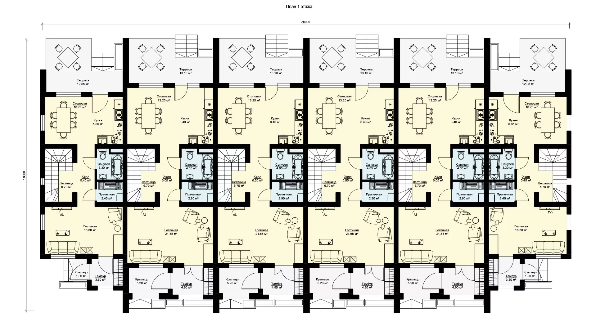 План первого этажа таунхауса из шести двухэтажных квартир, проект БЭНПАН МС-1145
