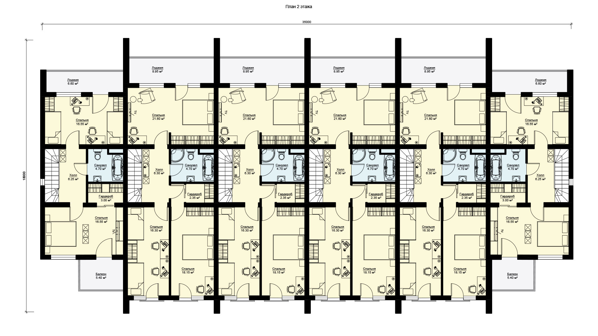 Планировка второго этажа таунхауса из шести двухэтажных квартир, проект БЭНПАН МС-1145.