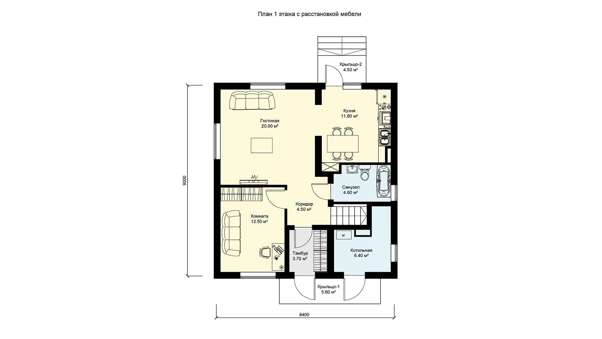 План 1 этажа двухэтажного дома с 3 спальнями и котельной проект МС-126/2