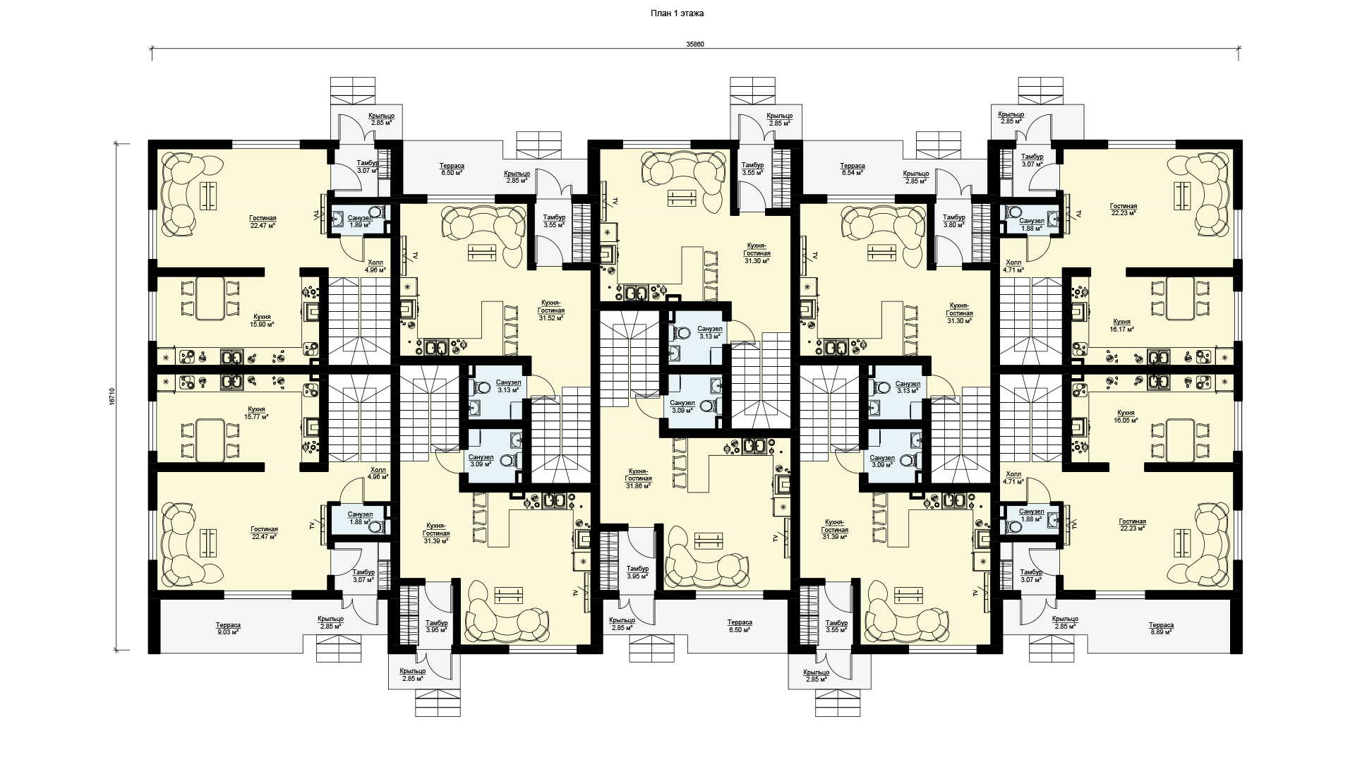 План первого этажа двухэтажного многоквартирного дома БЭНПАН, проект МС-1393.