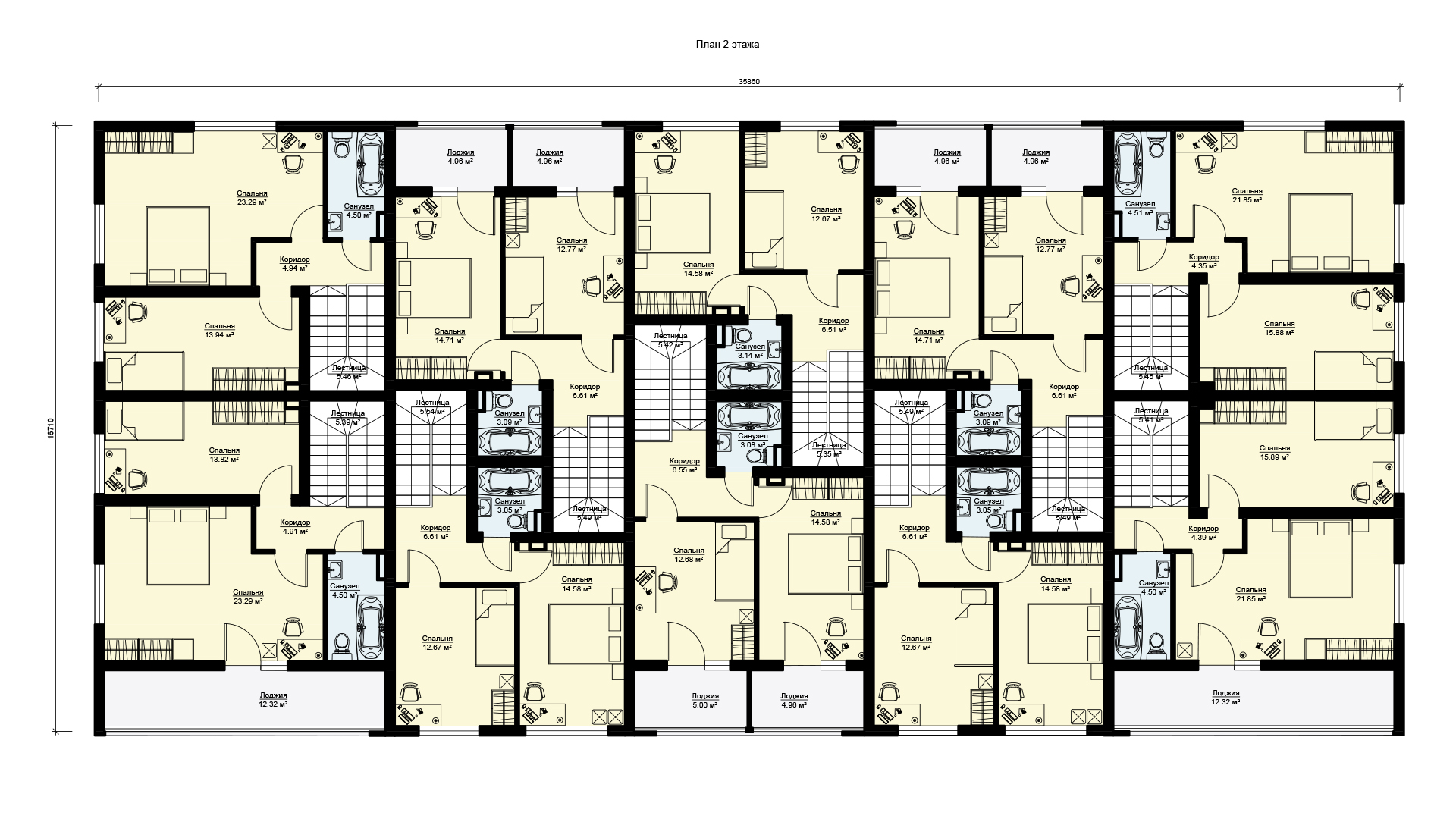 План второго этажа двухэтажного многоквартирного дома БЭНПАН, проект МС-1393.