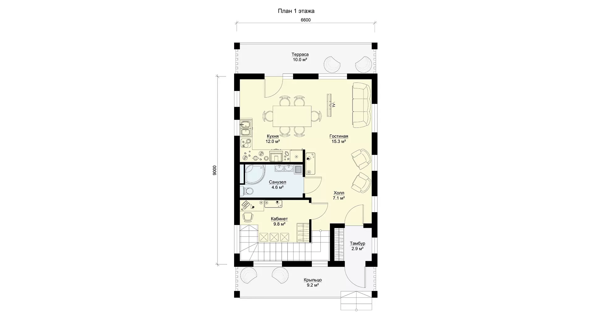 План первого этажа двухэтажный дом 7 на 9 с 3 спальнями БЭНПАН МС-144