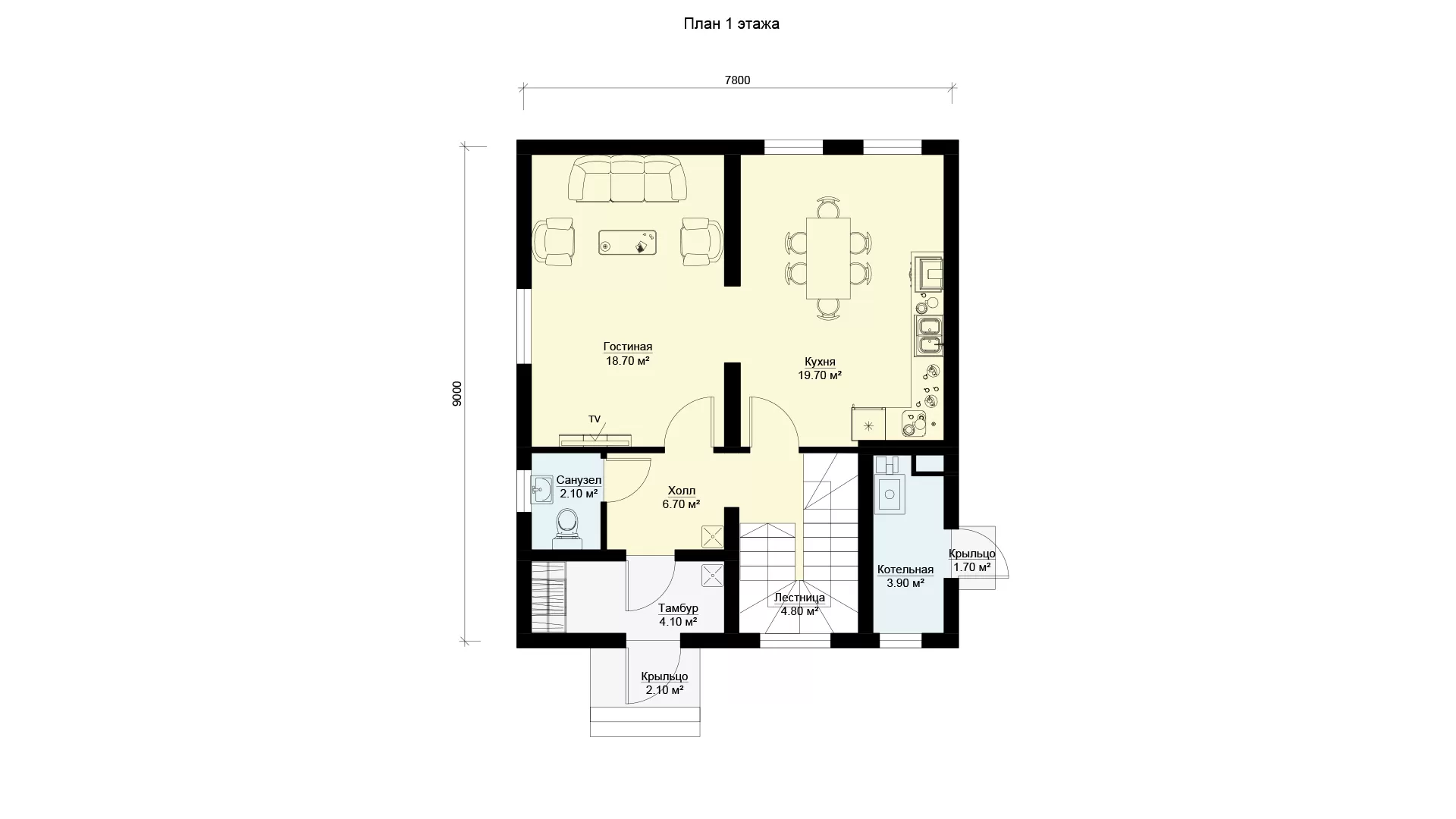 План первого этажа двухэтажного загородного дома БЭНПАН, проект МС-146/5.