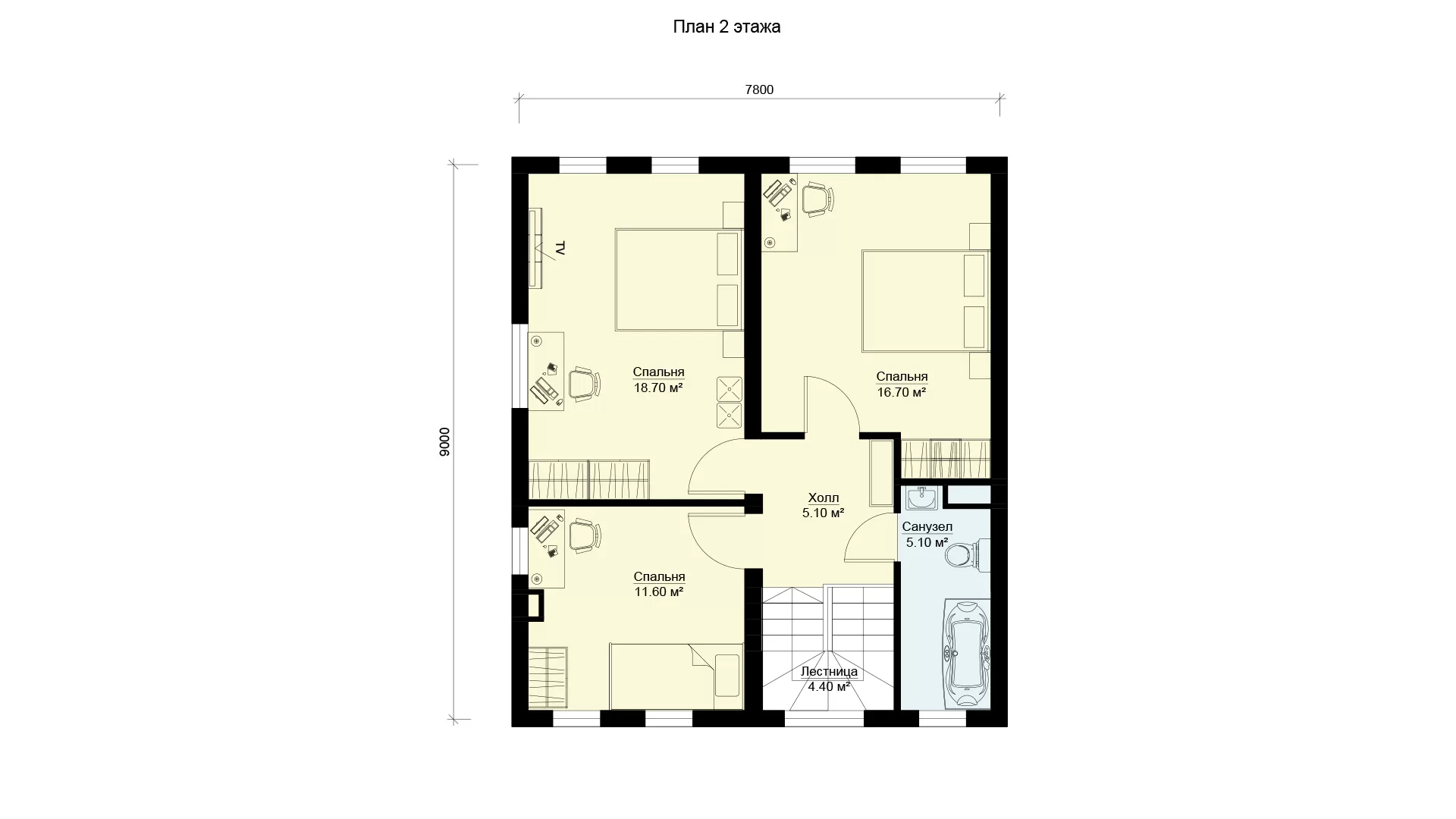 Планировка второго этажа дом 8 на 9 (120 кв м), проект БЭНПАН МС-146/5