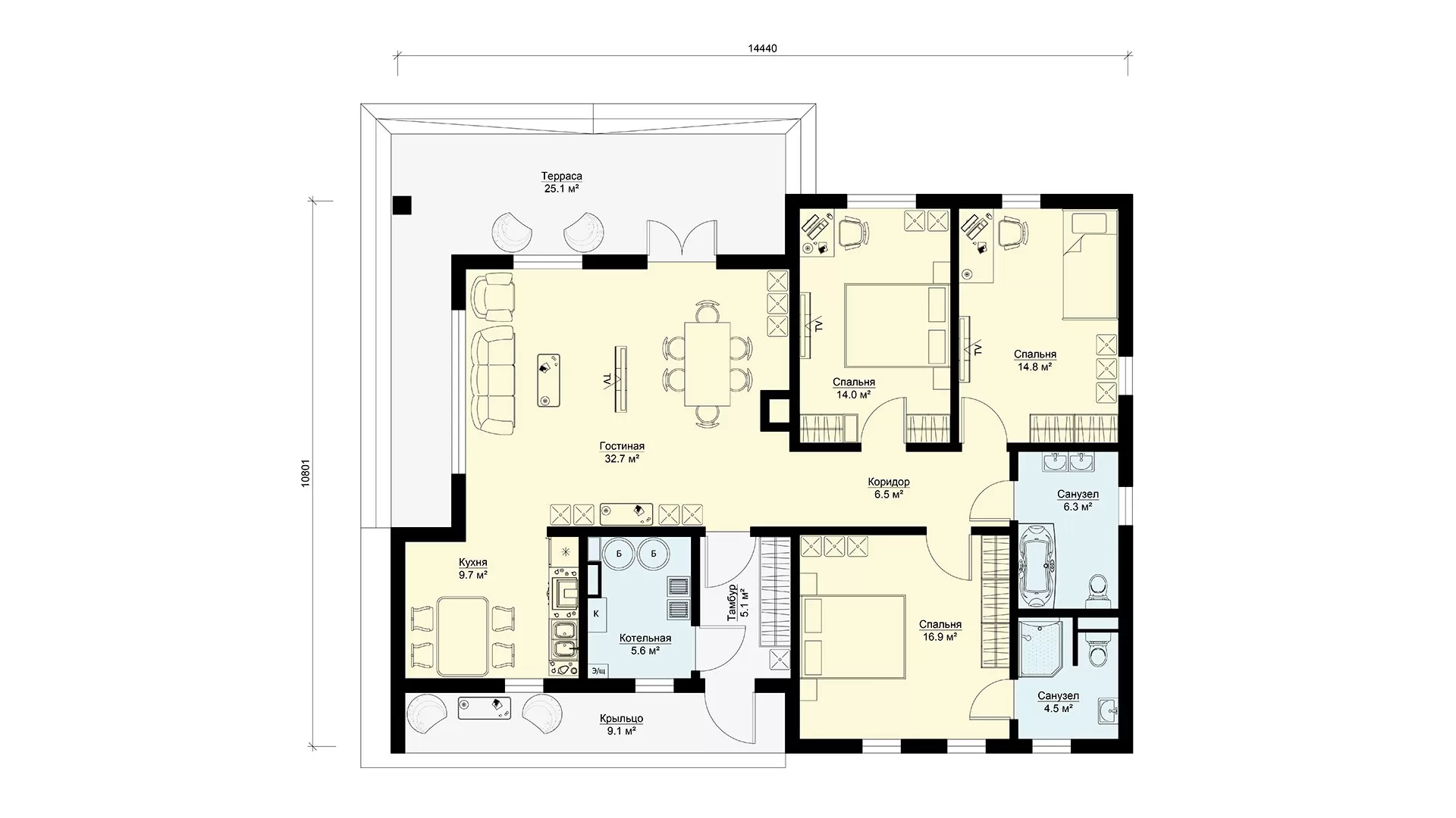Планировка одноэтажного дома 120 кв м с 3 спальнями и террасой МС-148.