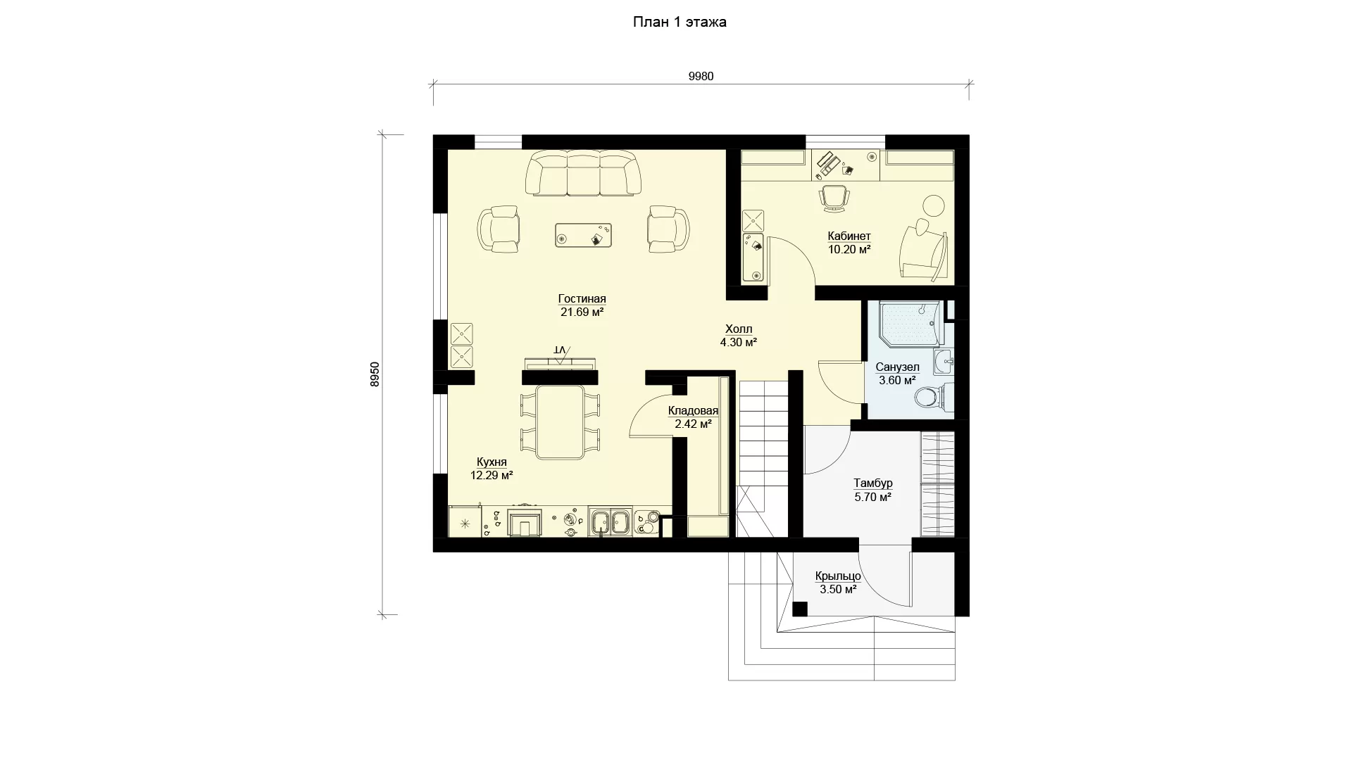 План 1 этажа дом 9 на 10 с двумя спальнями и кабинетом БЭНПАН, проект МС-155