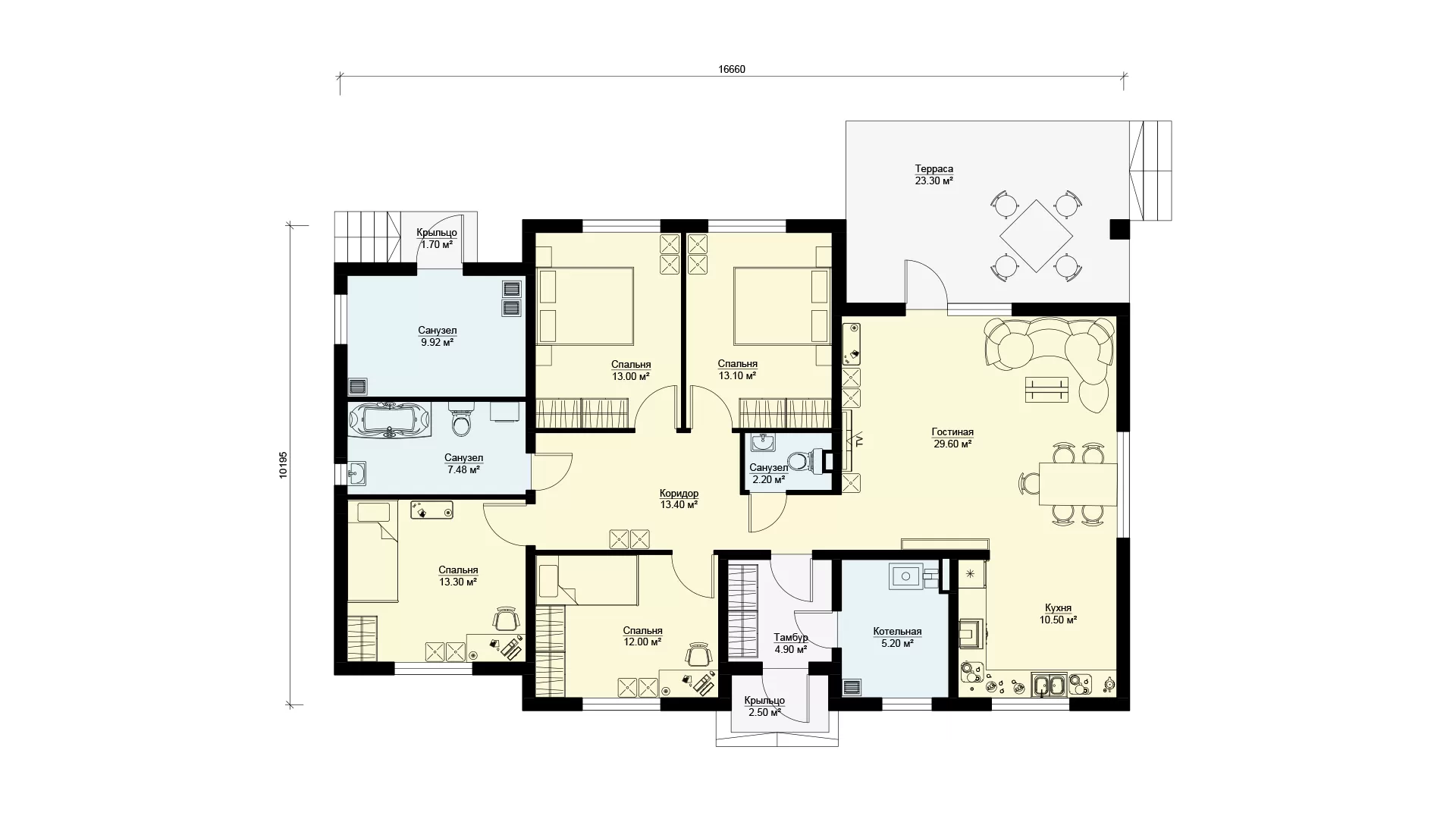 Планировка одноэтажного дома с 4 спальнями проект МС-162/1