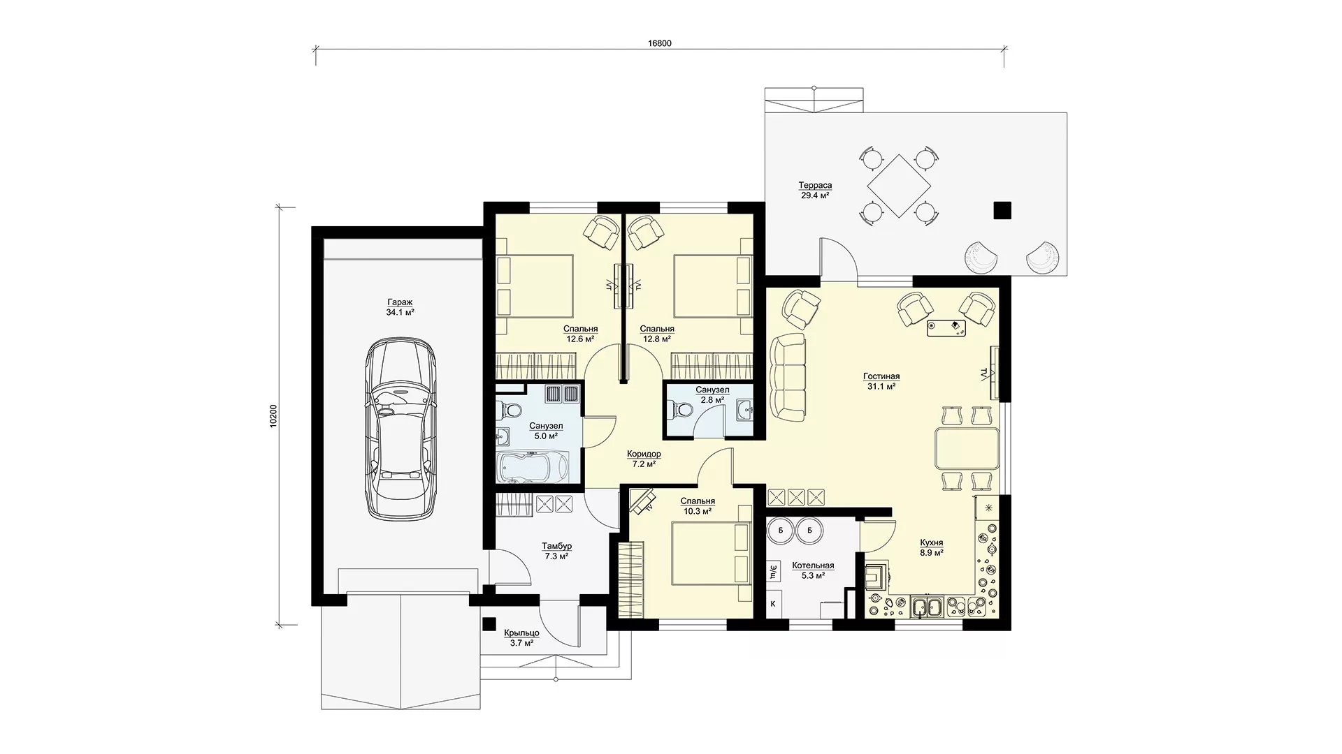 Планировка этажа одноэтажный дом с гаражом и террасой проект МС-162/2