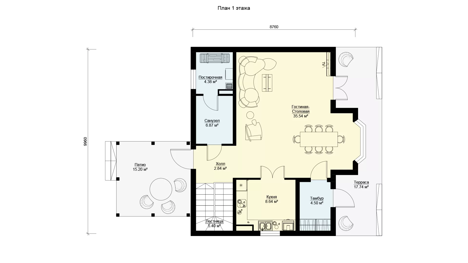 План первого этажа двухэтажного дома с цокольным этажом, проект БЭНПАН МС-164/К