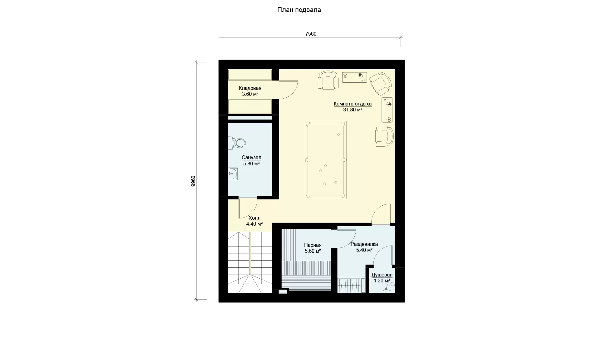План цокольного этажа двухэтажного дома, проект БЭНПАН МС-164/1/К