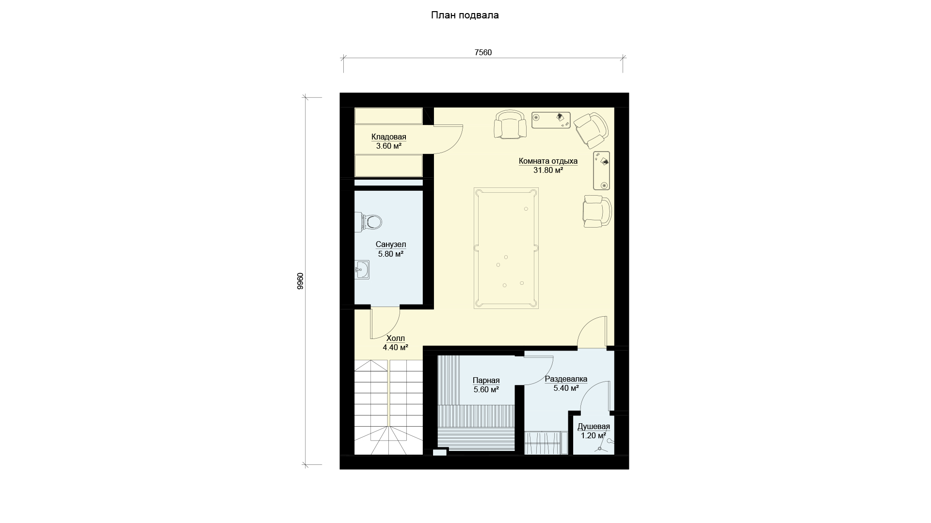 План цокольного этажа двухэтажного дома, проект БЭНПАН МС-164/К.