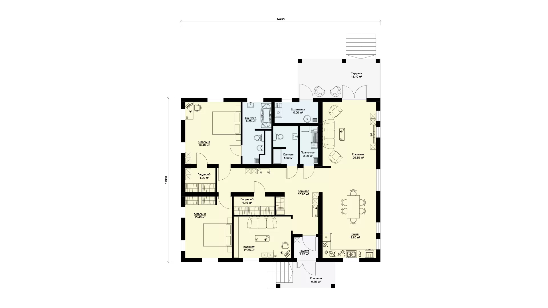 Планировка одноэтажный дом 12 на 14 с 2 спальнями БЭНПАН МС-173