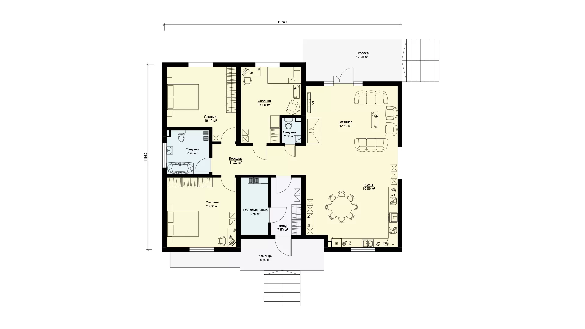 Планировка одноэтажный дом 12 на 15 с 3 спальнями и террасой БЭНПАН МС-178