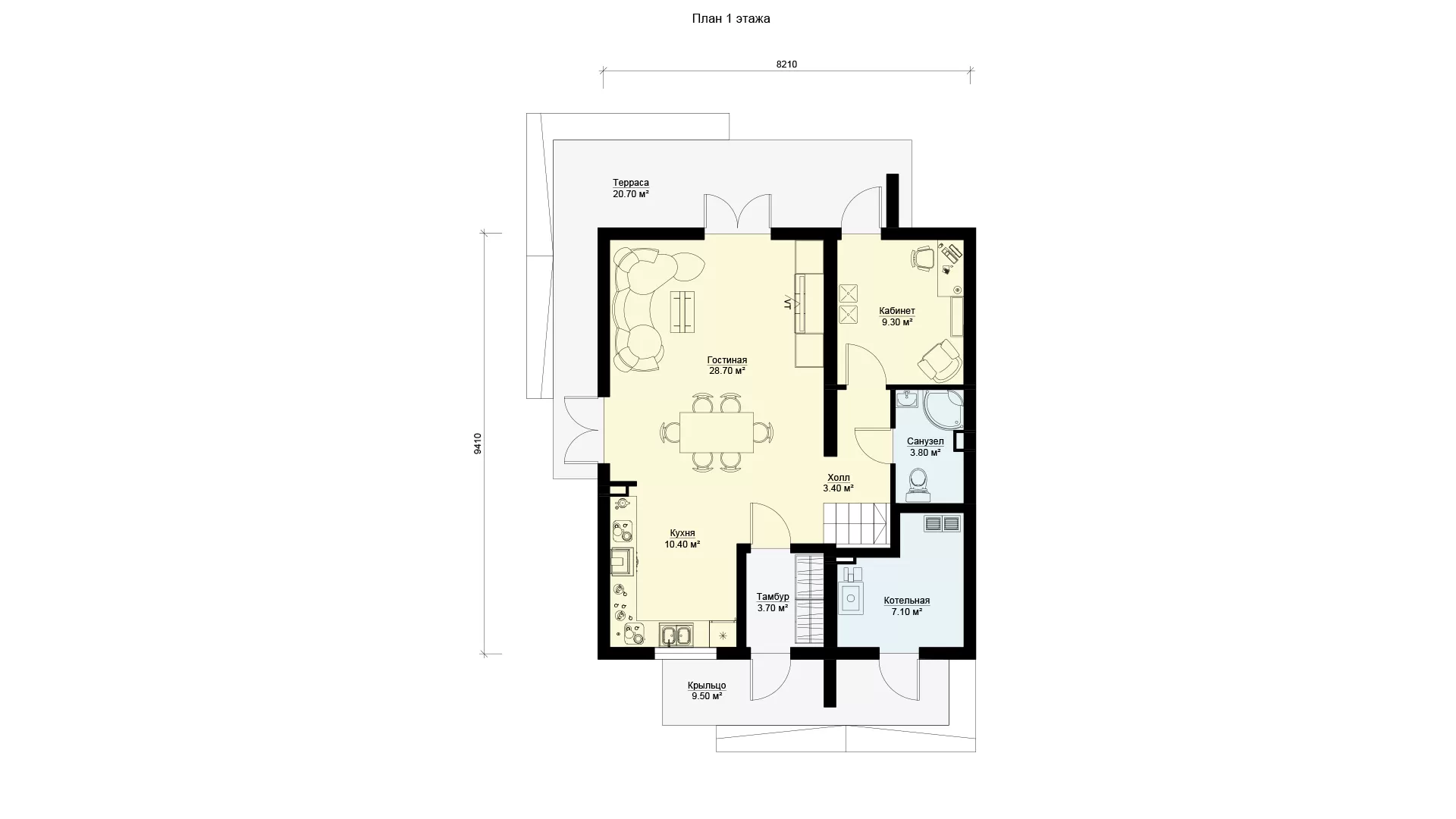 План первого этажа двухэтажного дома с балконами и террасой, проект БЭНПАН МС-181