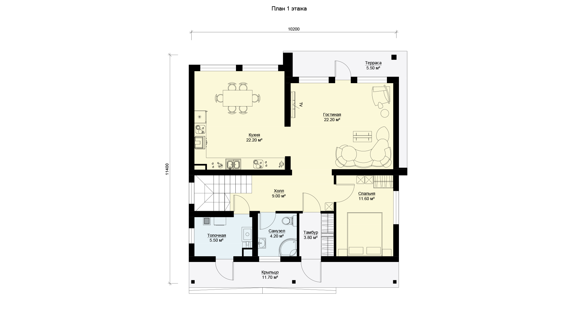 План первого этажа двухэтажного дома с четырьмя спальнями, террасой и балконом, проект БЭНПАН МС-184.