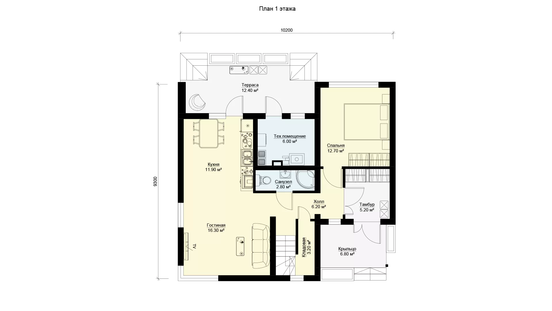 План первого этажа загородный дом с балконом и террасой БЭНПАН МС-186/1